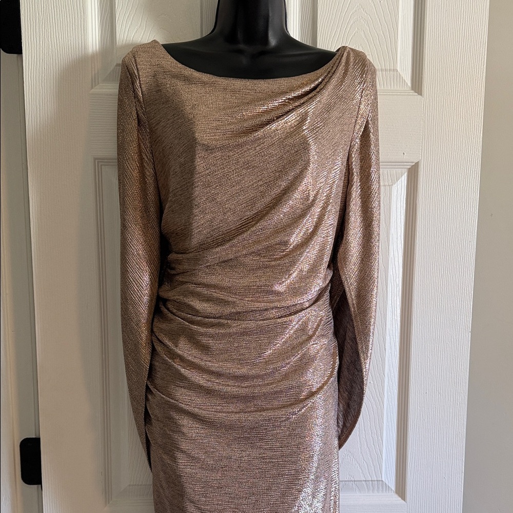 R&M Richards Metallic Rose Gold Long-Sleeve Draped Dress